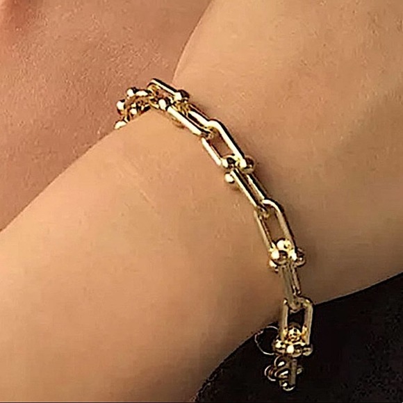 Gold U Link Horseshoe Paperclip Chain Unisex Bracelet - Picture 3 of 9